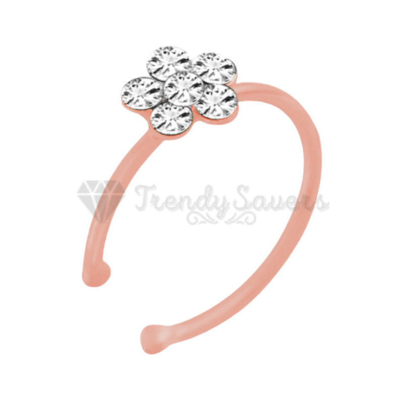 8MM Cubic Zircon Crystal Flower Nose Stud Hoop Ring Non Piercing Sterling Silver