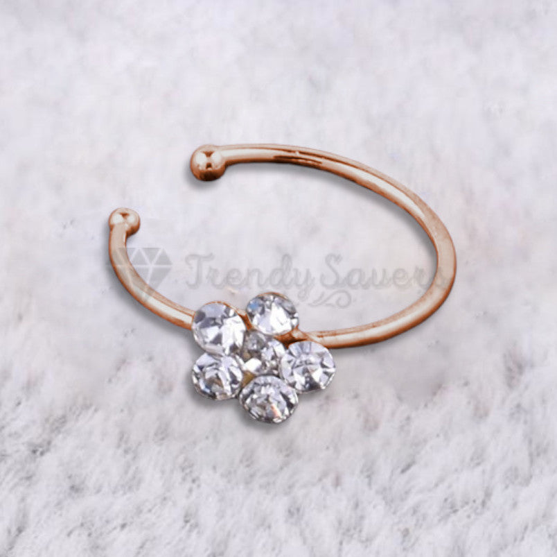 8MM Cubic Zircon Crystal Flower Nose Stud Hoop Ring Non Piercing Sterling Silver