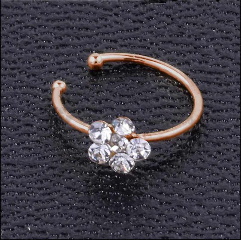 8MM Cubic Zircon Crystal Flower Nose Stud Hoop Ring Non Piercing Sterling Silver