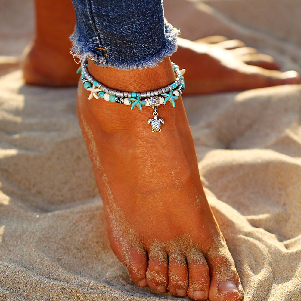 Bohemian Multiple Layers Starfish Turtle Beads Anklet