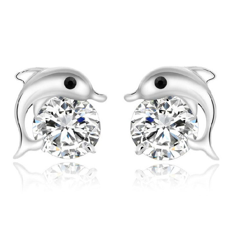 925 Silver Crystal Dolphin Stud Earrings