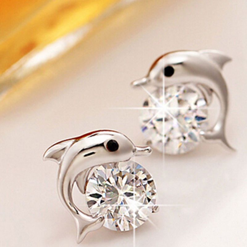 925 Silver Crystal Dolphin Stud Earrings