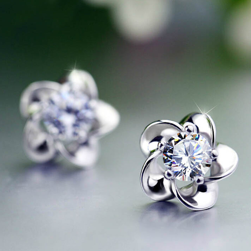 925 Sterling Silver Crystal Flower Stud Earrings