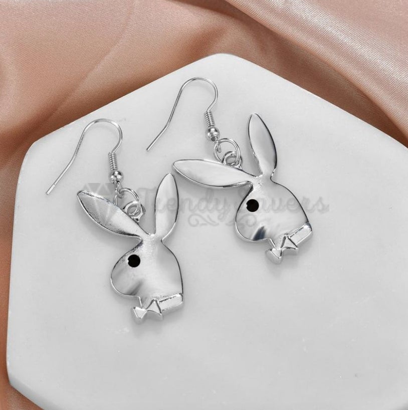 18ct Gold Plated Silver Tone Bunny Brushed Rabbit Head Shaped Drop Stud Earrings