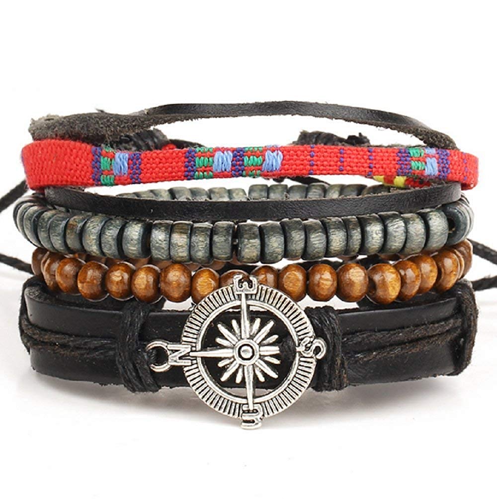 Durable Adventurous Look Compass Statement Leather Bracelet