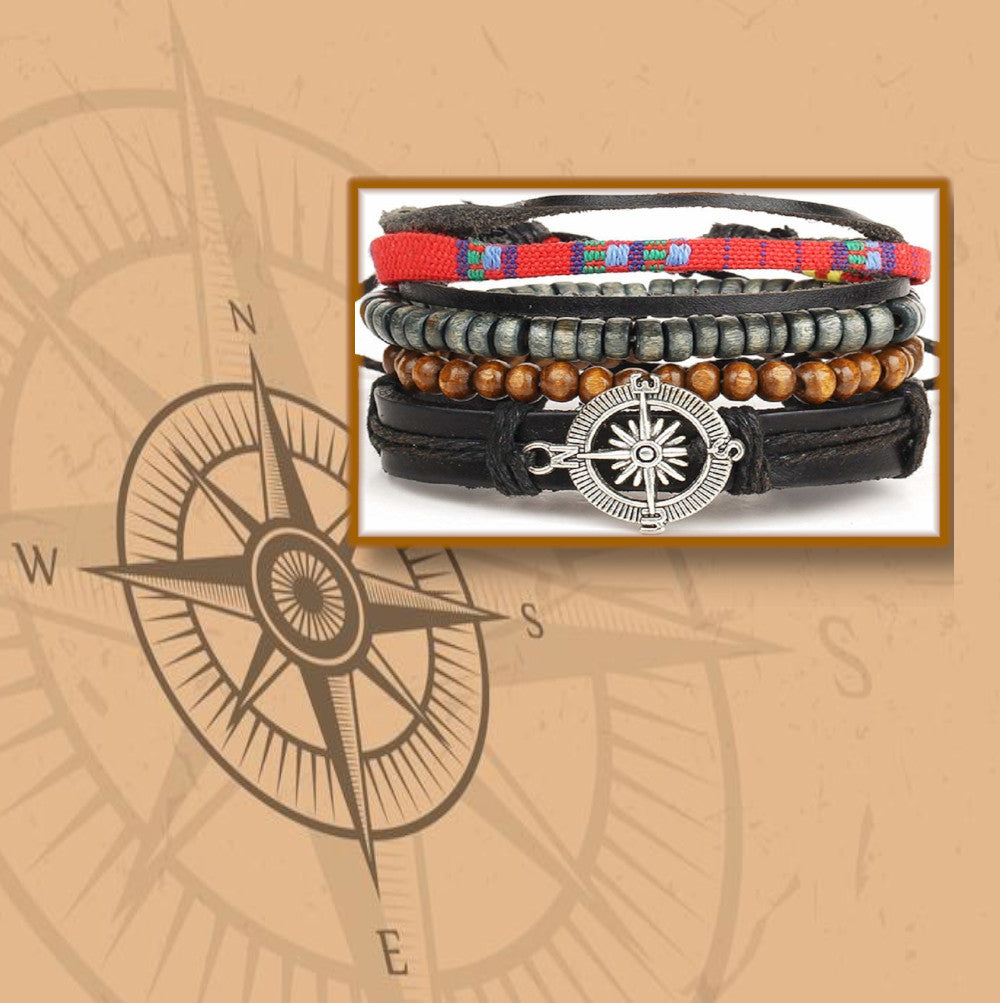 Durable Adventurous Look Compass Statement Leather Bracelet