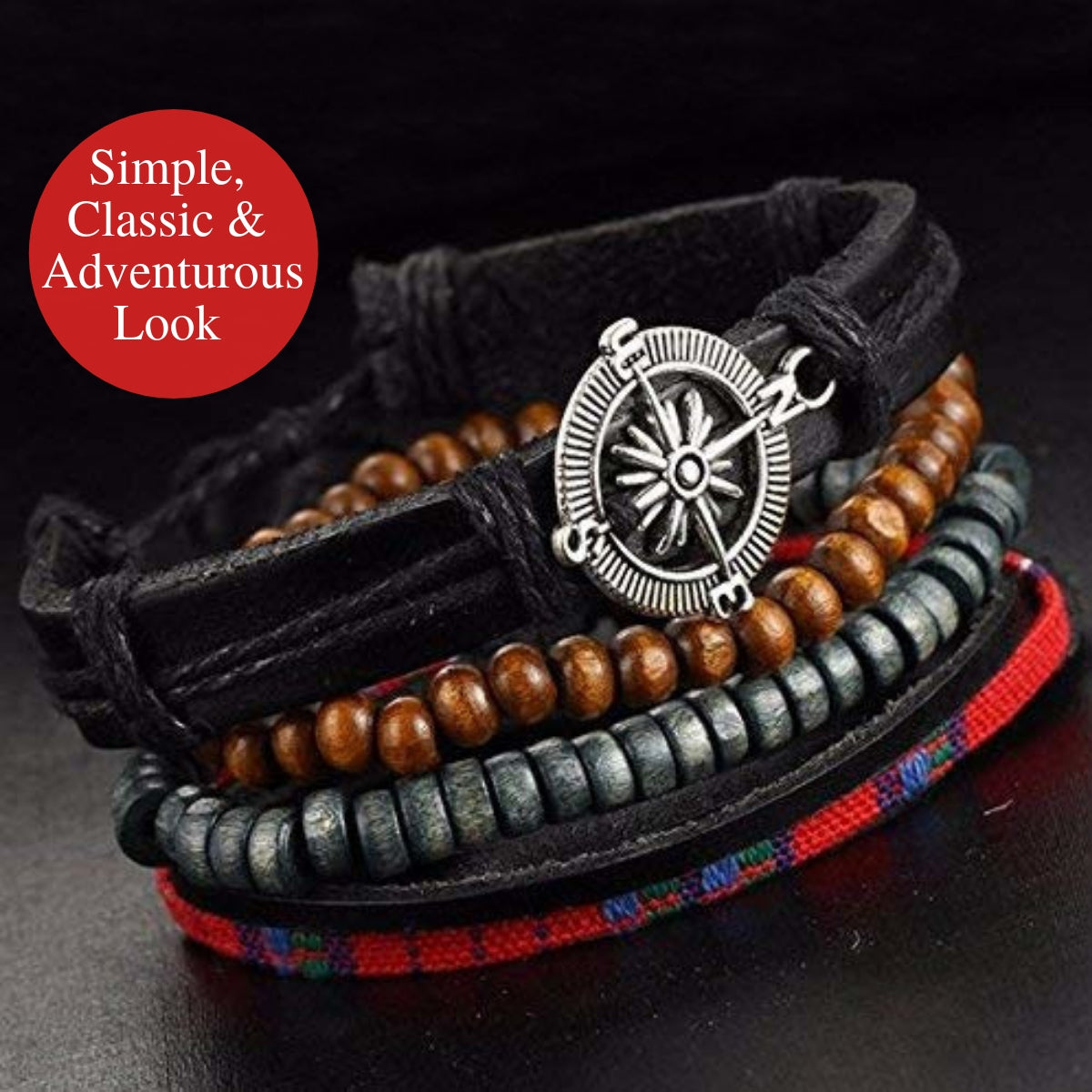 Durable Adventurous Look Compass Statement Leather Bracelet