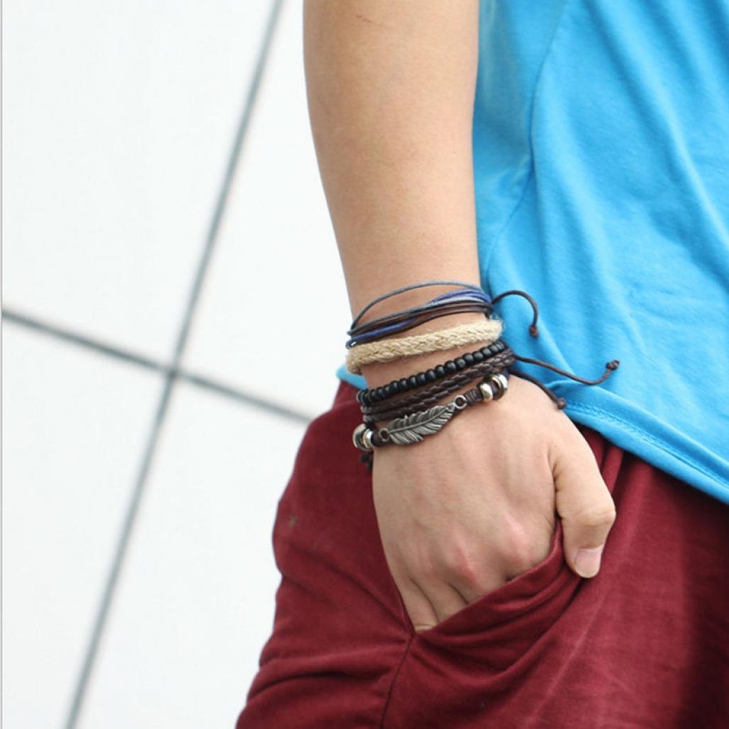 Multi-Layered Owl Leaf Black Pearl Braided Leather Bracelet