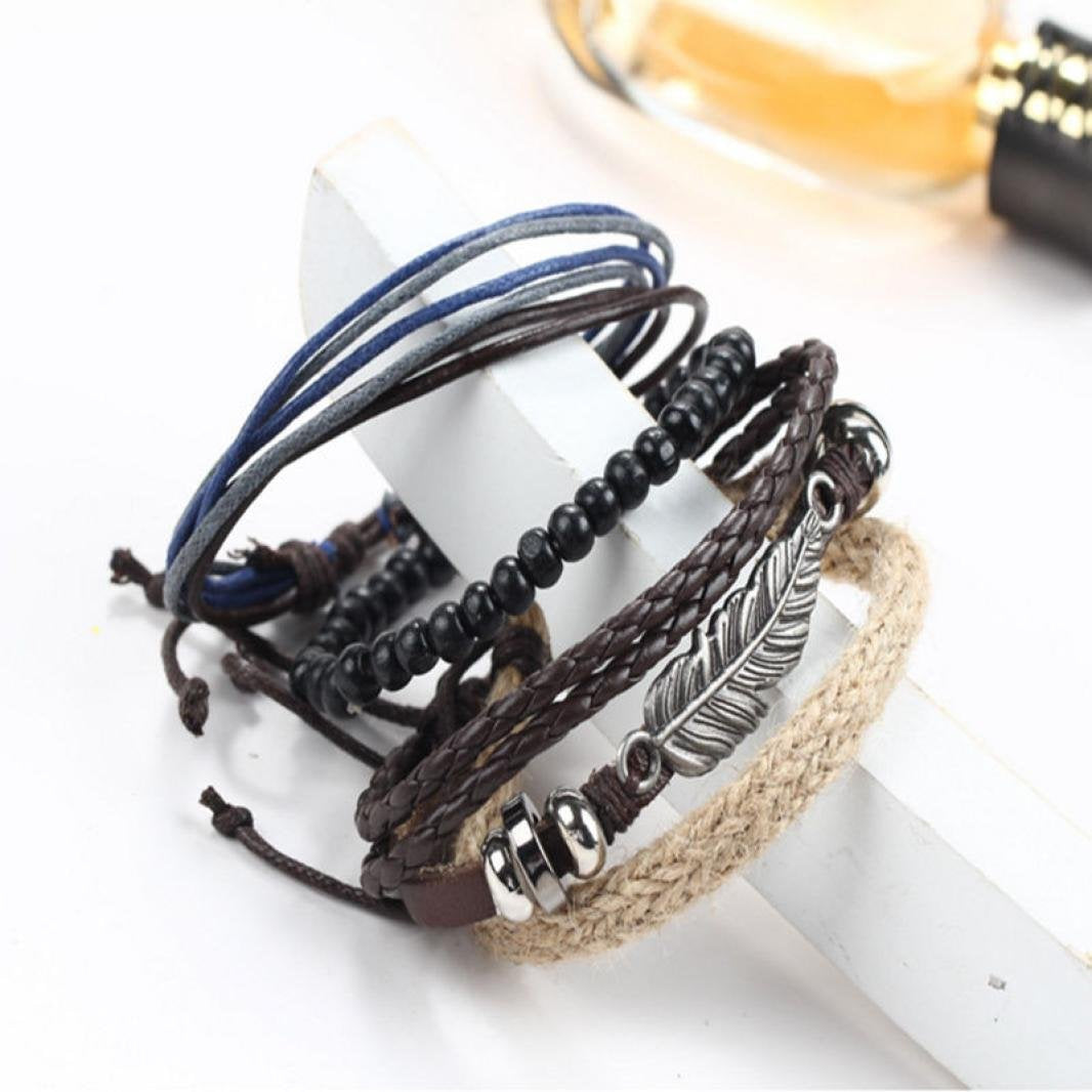 Multi-Layered Owl Leaf Black Pearl Braided Leather Bracelet
