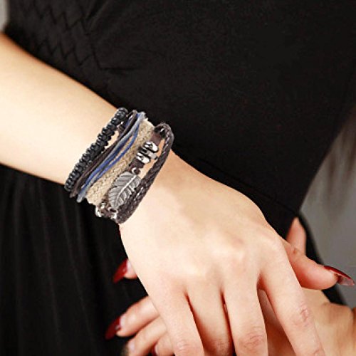 Multi-Layered Owl Leaf Black Pearl Braided Leather Bracelet