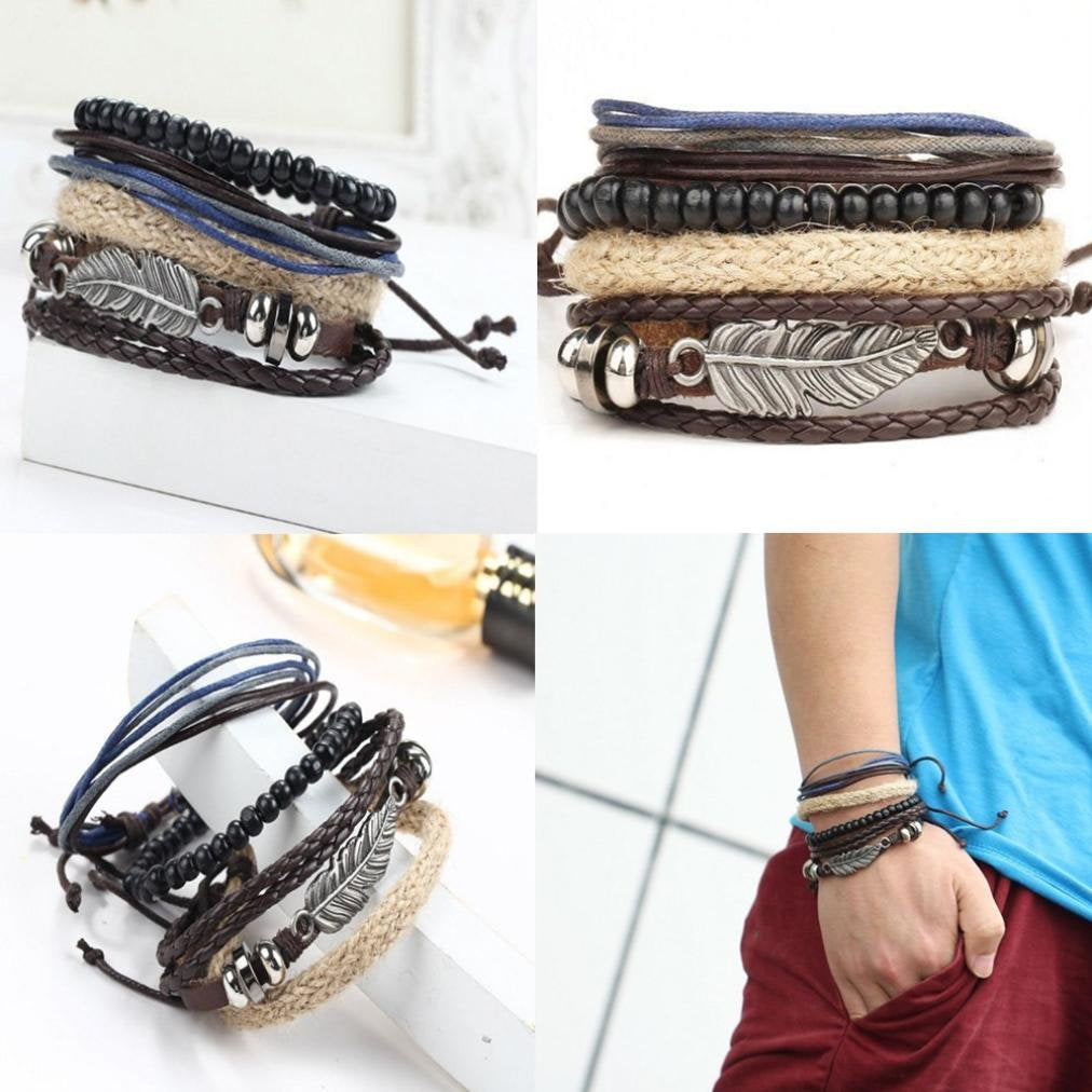 Multi-Layered Owl Leaf Black Pearl Braided Leather Bracelet
