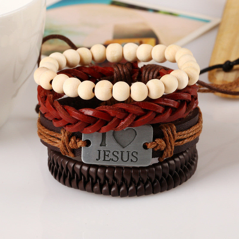 4 Artistic Styles Braided Ropes I Love Jesus Statement Leather Bracelet
