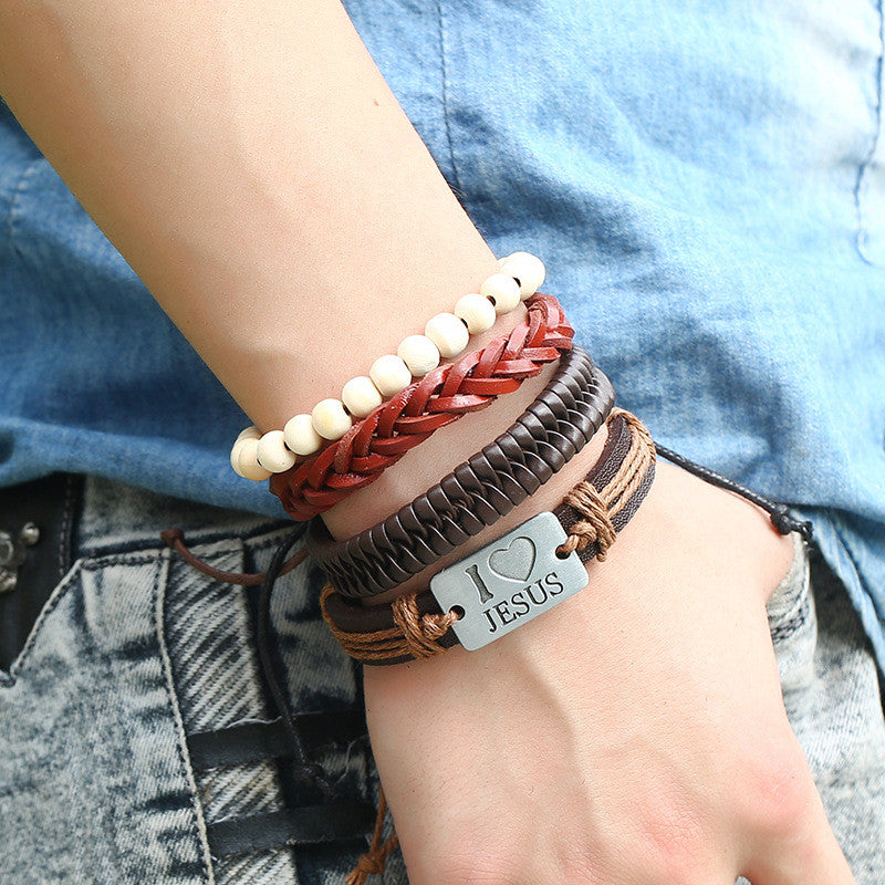 4 Artistic Styles Braided Ropes I Love Jesus Statement Leather Bracelet