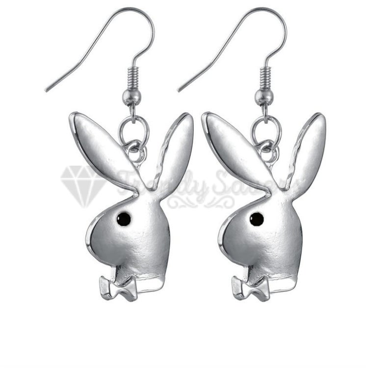 18ct Gold Plated Silver Tone Bunny Brushed Rabbit Head Shaped Drop Stud Earrings