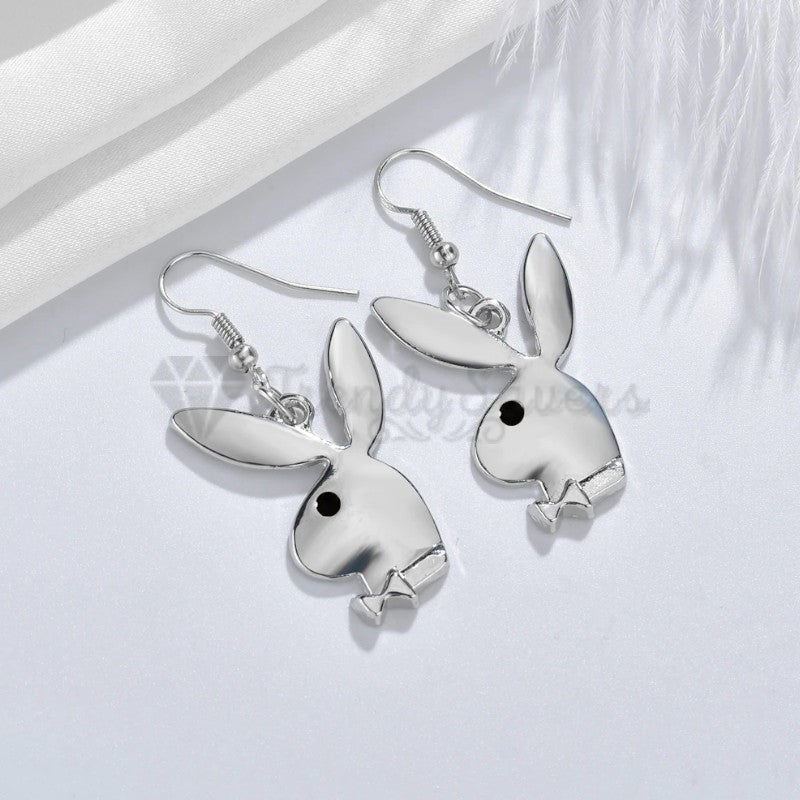 18ct Gold Plated Silver Tone Bunny Brushed Rabbit Head Shaped Drop Stud Earrings