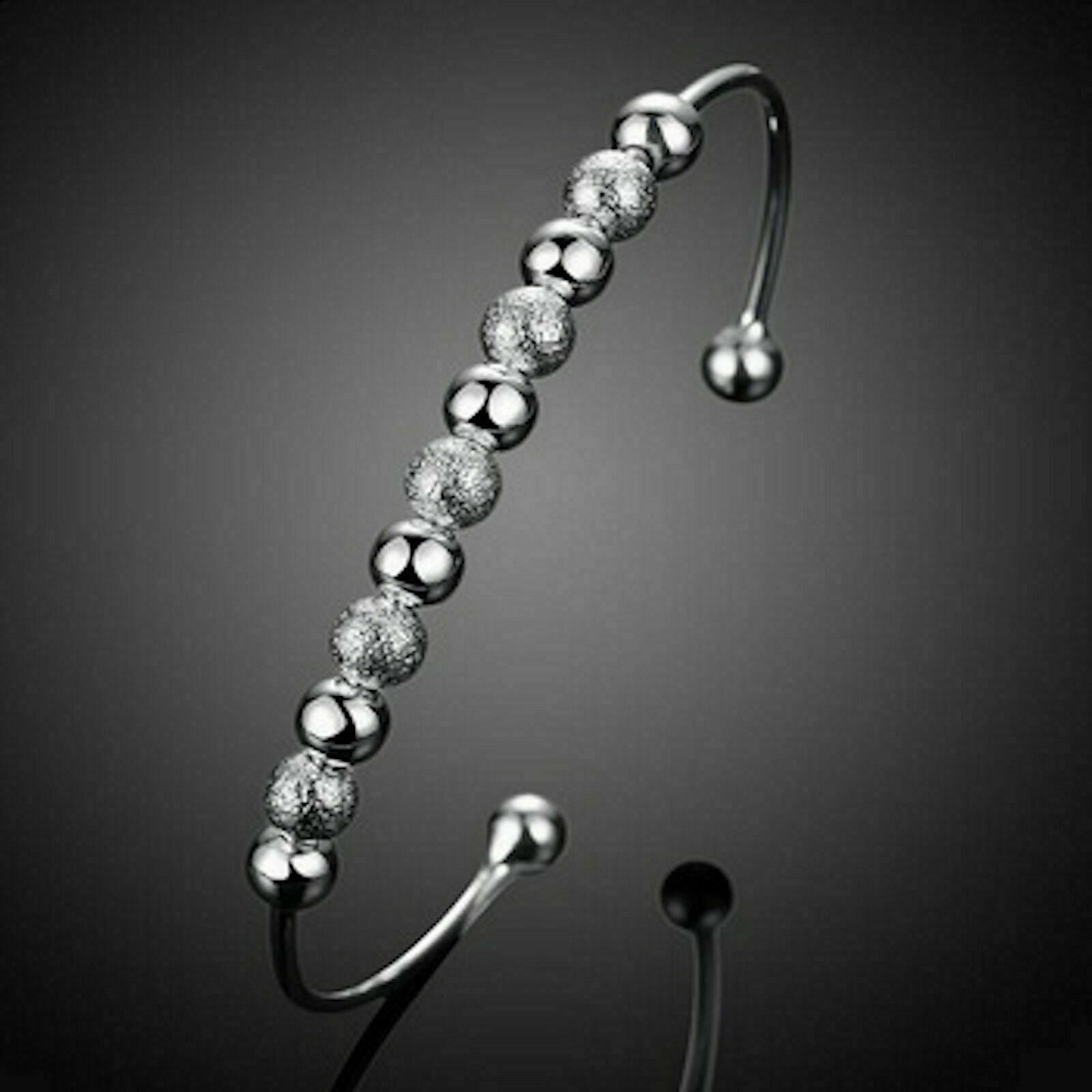 Women Fashion Lover Unique Retro 925 Sterling Silver Plated Beads Cuff Bracelet