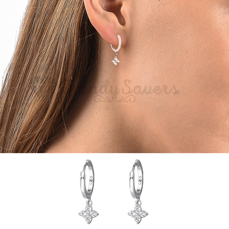 Elegant 925 Sterling Silver Floral Earrings with Delicate Silver Inlaid Zircon