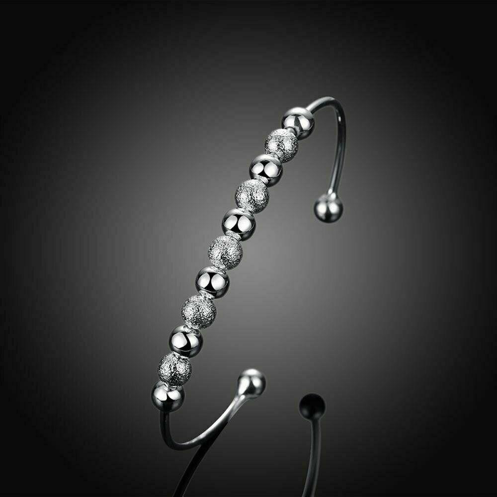 Women Fashion Lover Unique Retro 925 Sterling Silver Plated Beads Cuff Bracelet