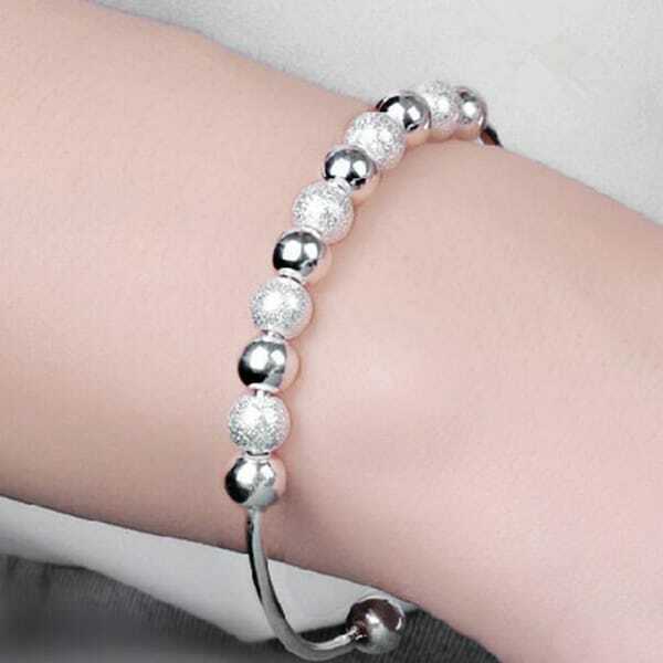 Women Fashion Lover Unique Retro 925 Sterling Silver Plated Beads Cuff Bracelet