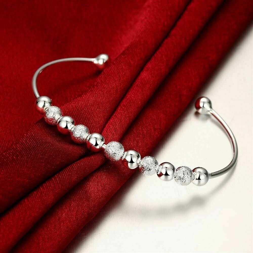 Women Fashion Lover Unique Retro 925 Sterling Silver Plated Beads Cuff Bracelet