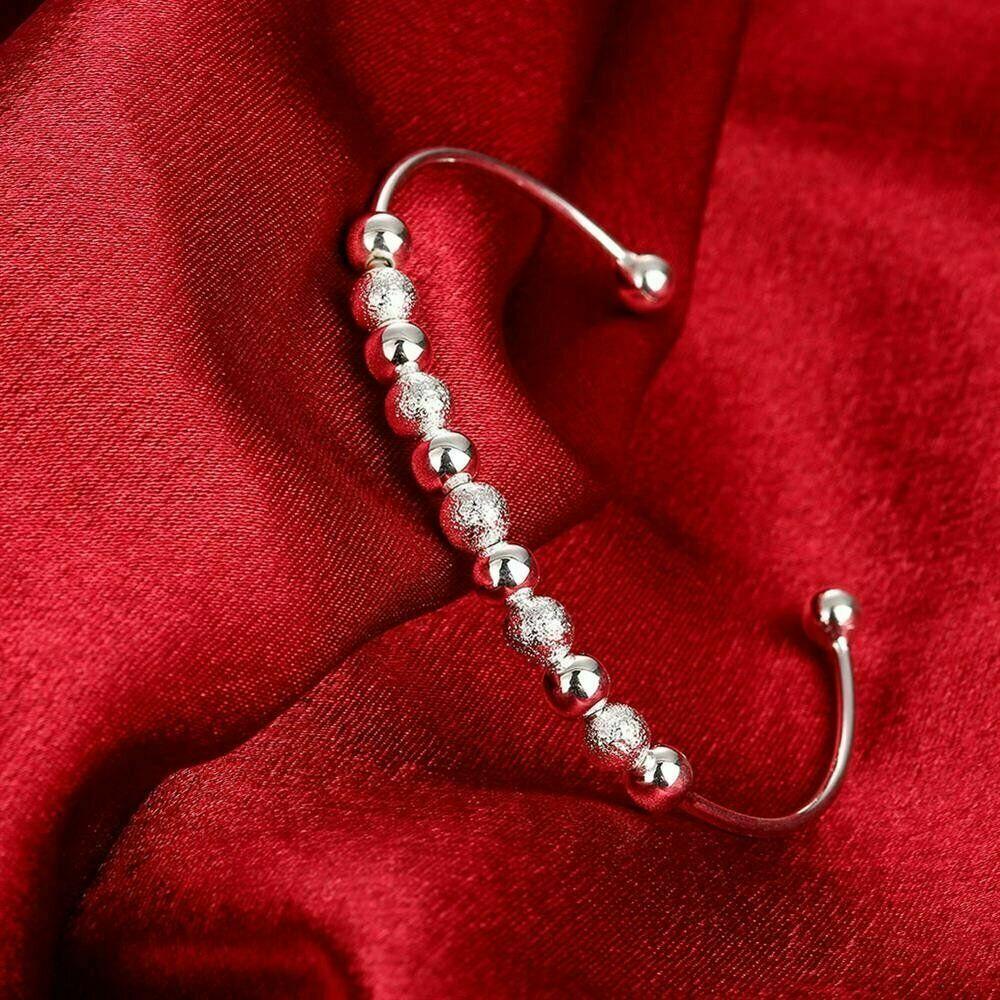 Women Fashion Lover Unique Retro 925 Sterling Silver Plated Beads Cuff Bracelet