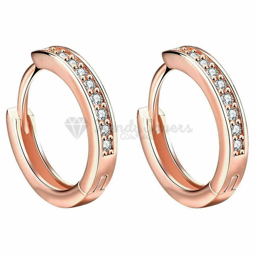 18ct Rose Gold Plated Cubic Zirconia Small Sleeper Hoops Huggie Hinged Earrings