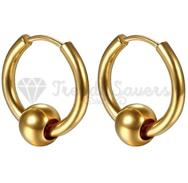 16MM Men Women Gold Plated Round Ball Bead Hippie Hoop Cartilage Earrings Pair