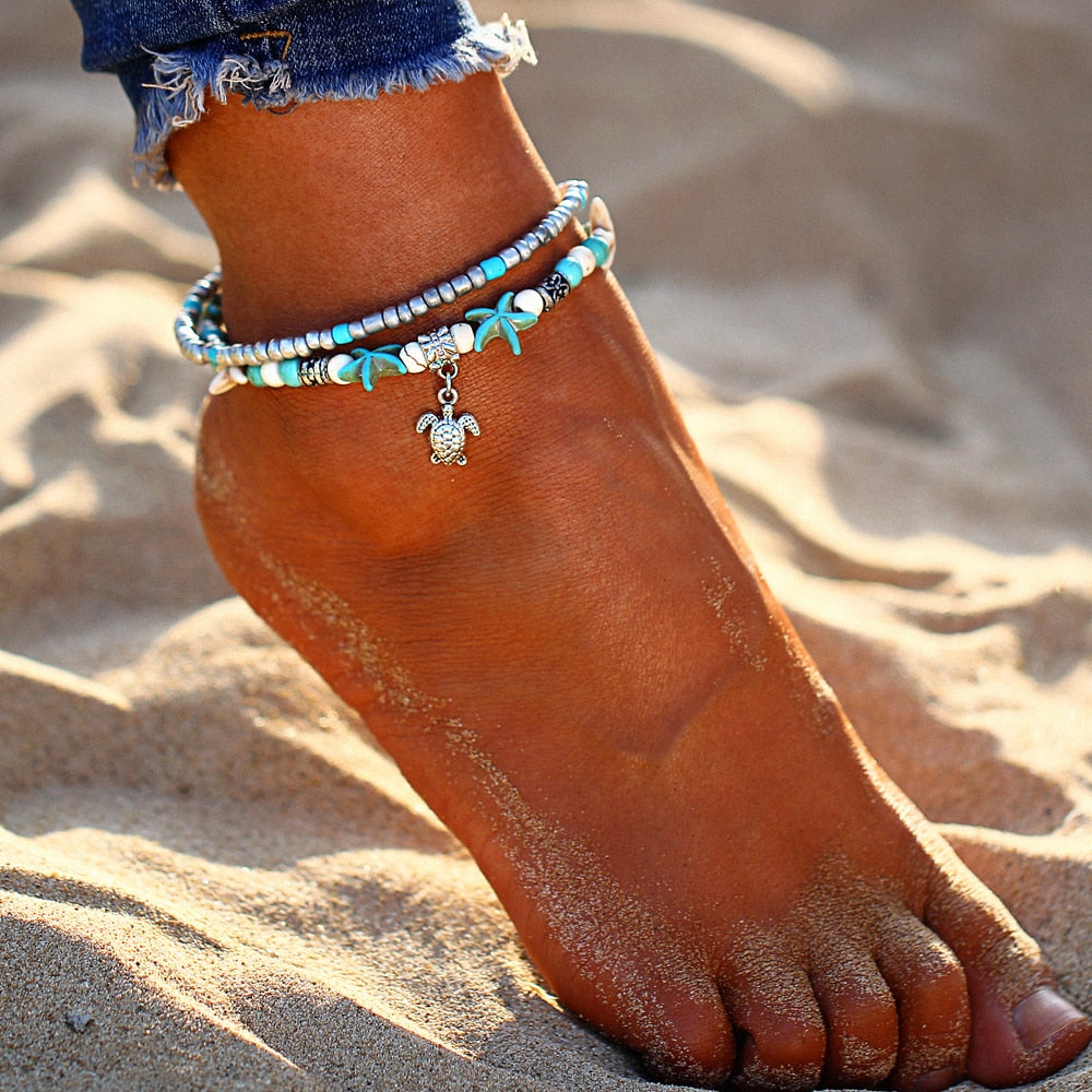 Bohemian Multiple Layers Starfish Turtle Beads Anklet