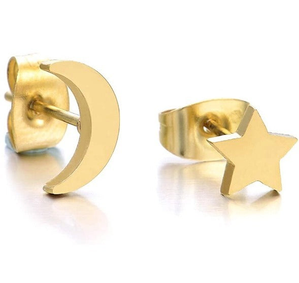 Hypoallergenic Surgical Steel Gold Silver Star Moon Lovely Shape Stud Earrings (