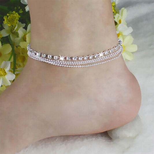 Silver Bead Chain Crystal Anklet