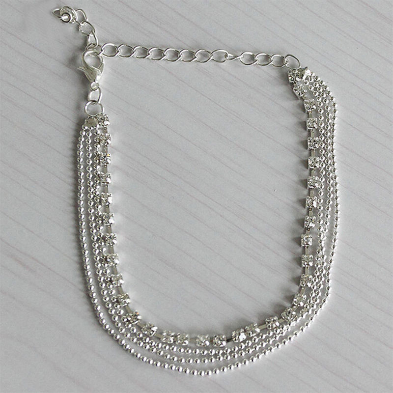 Silver Bead Chain Crystal Anklet