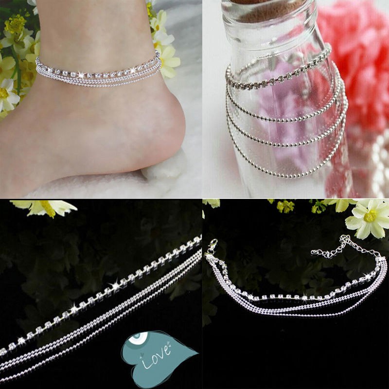 Silver Bead Chain Crystal Anklet