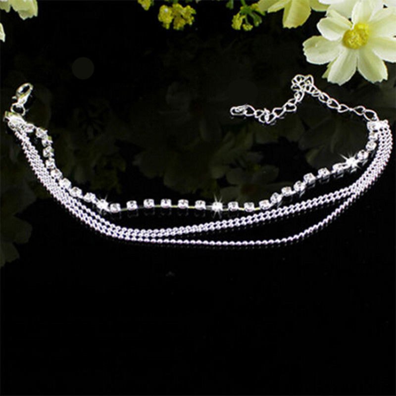 Silver Bead Chain Crystal Anklet