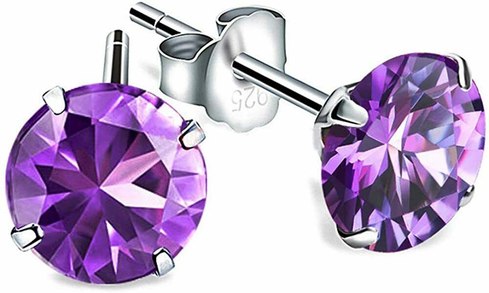 Solid 925 Sterling Silver Purple Stud Earrings Crystal Jewelry Perfect for Women
