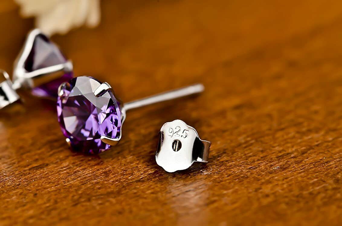 Solid 925 Sterling Silver Purple Stud Earrings Crystal Jewelry Perfect for Women
