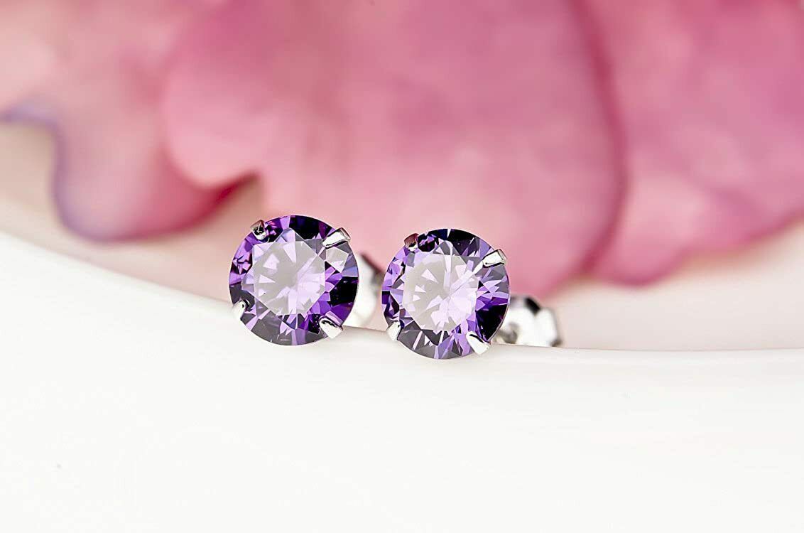 Solid 925 Sterling Silver Purple Stud Earrings Crystal Jewelry Perfect for Women
