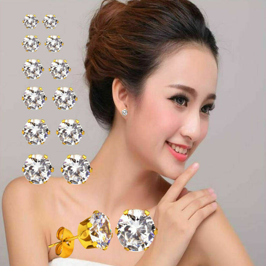 Royal Elegant Studs Cute Round 6 Claws CZ Gold Plated Stainless Steel Earrings