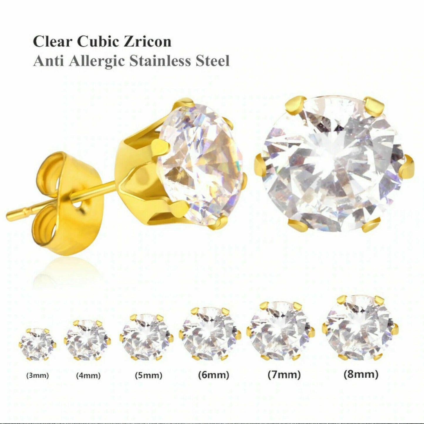 Royal Elegant Studs Cute Round 6 Claws CZ Gold Plated Stainless Steel Earrings
