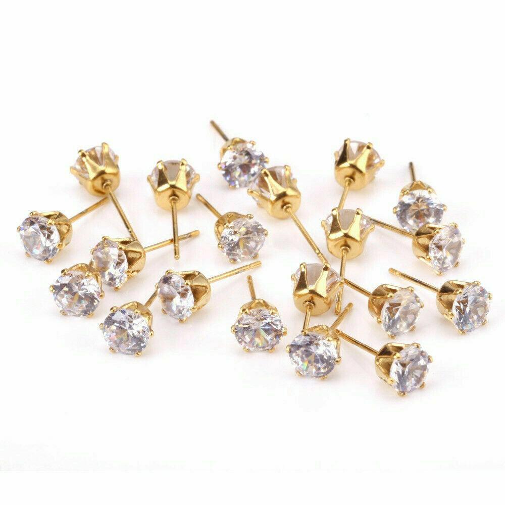 Royal Elegant Studs Cute Round 6 Claws CZ Gold Plated Stainless Steel Earrings