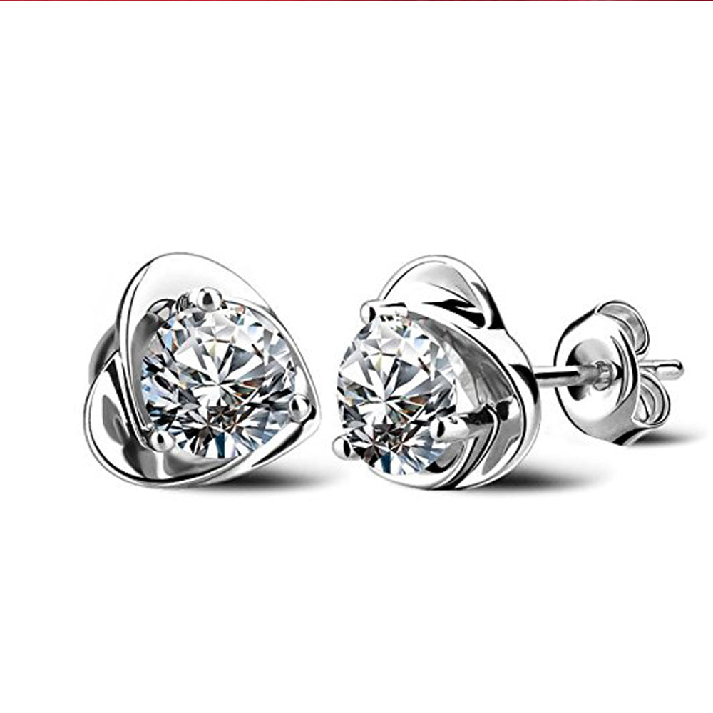 Retro 925 Silver Flower Heart Crystal Stud Earrings