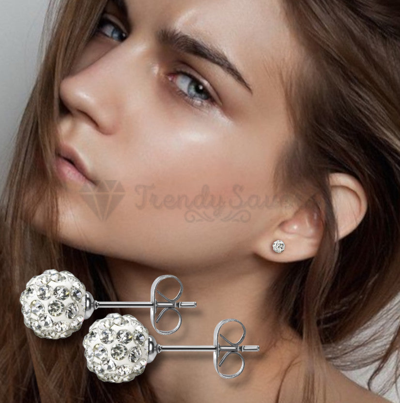 Shiny White Disco Ball Ear Piercing Studs Stud Earrings Surgical Steel Pair 5MM