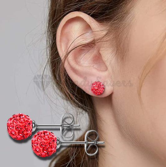 8MM Pair Surgical Steel Cartilage Ear Stud Earrings Red Shamballa Crystal Ball