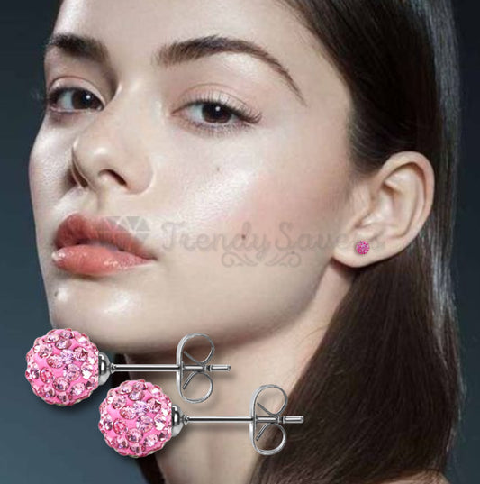 Womens Girls Crystal Disco Ball Pink Shamballa 5MM Stud Earrings Stainless Steel