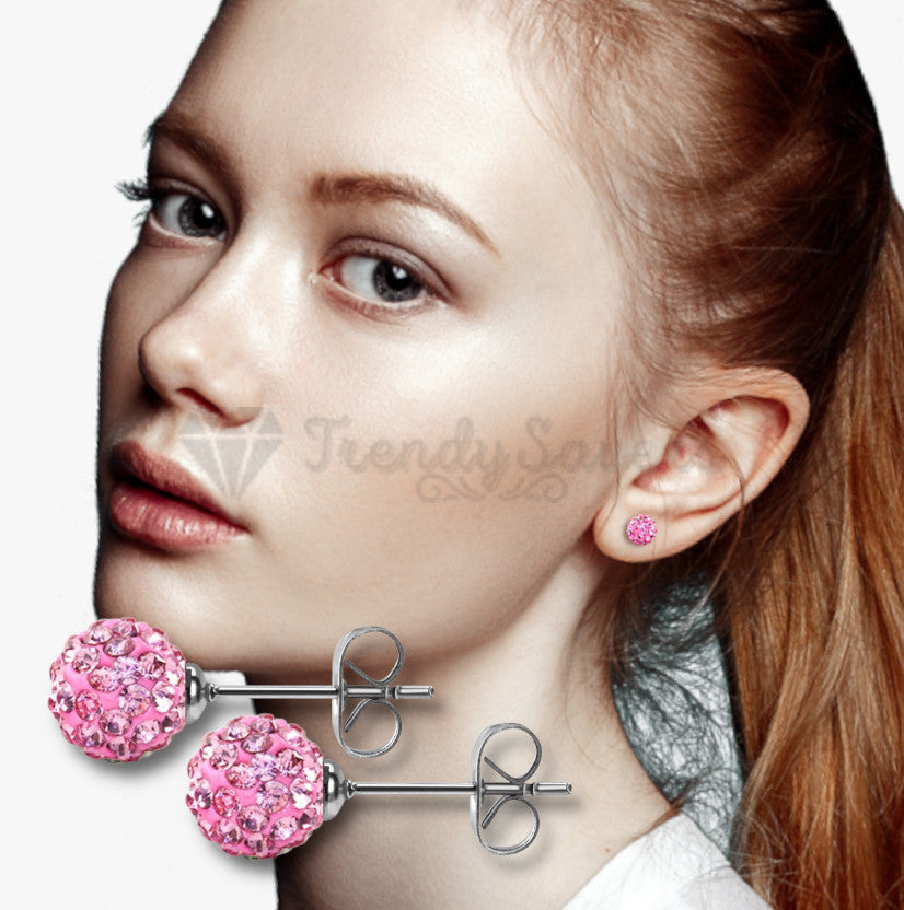 Lightweight Pink Crystal Shamballa Gem Cartilage Sleeper Stud Earrings 6MM Pair