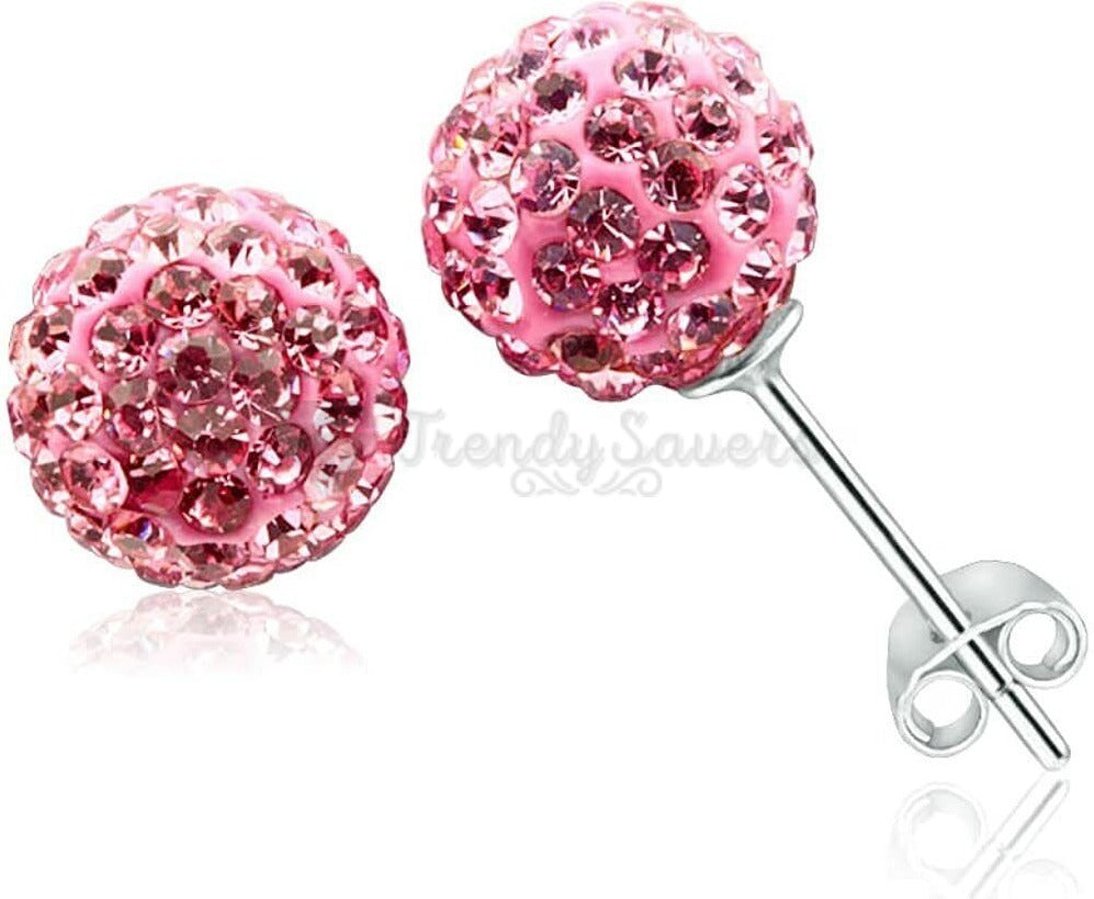 Lightweight Pink Crystal Shamballa Gem Cartilage Sleeper Stud Earrings 6MM Pair