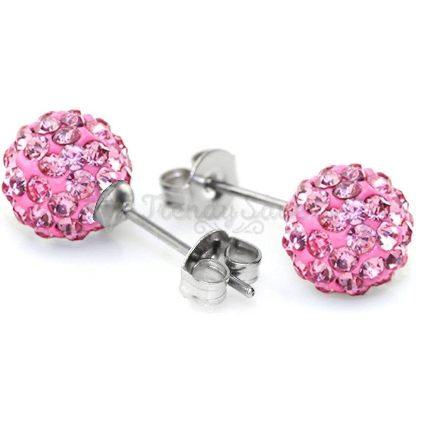 Lightweight Pink Crystal Shamballa Gem Cartilage Sleeper Stud Earrings 6MM Pair