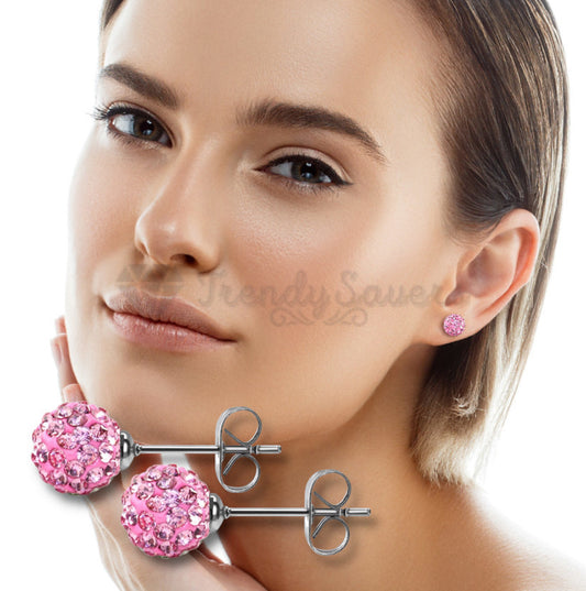 Surgical Steel Pink Crystal Disco Ball Bead Studs Earrings Round Ear Stud 8MM