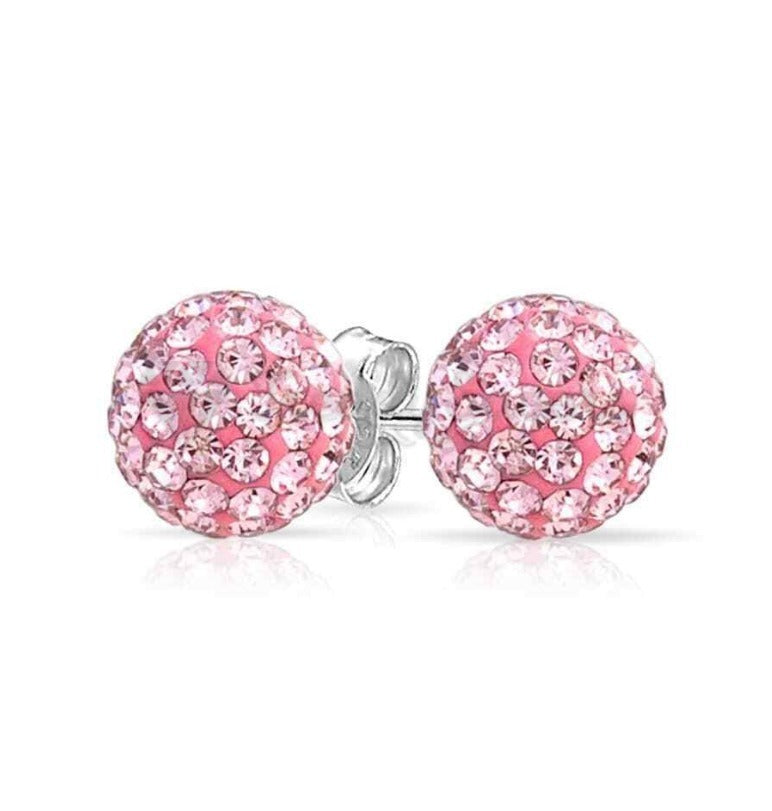 Surgical Steel Pink Crystal Disco Ball Bead Studs Earrings Round Ear Stud 8MM