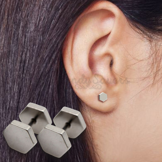 5MM Small Hexagon Shape Dumbbell Screw Stud Earrings Cartilage Piercing Silver