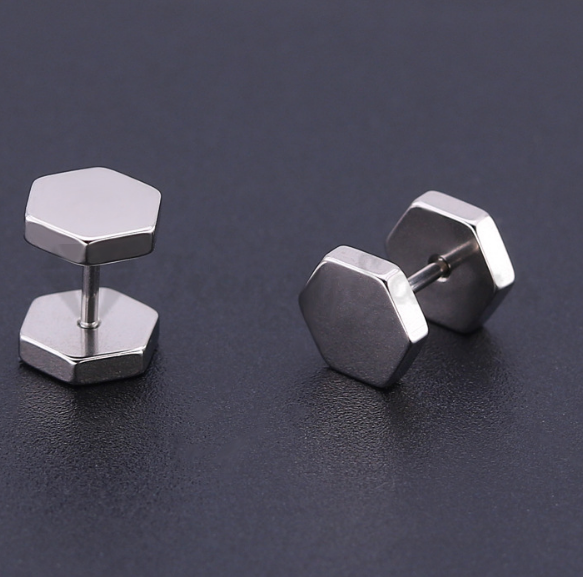 5MM Small Hexagon Shape Dumbbell Screw Stud Earrings Cartilage Piercing Silver